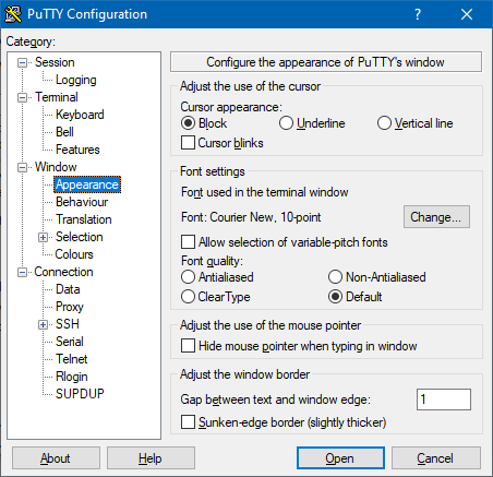 Panneau de configuration 'Appearance' de PuTTY 0.76