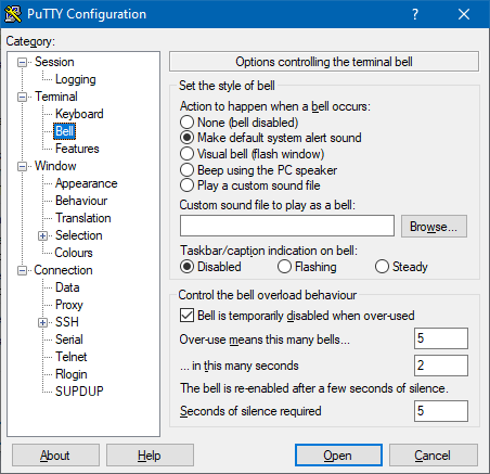 Panneau de configuration 'Bell' de PuTTY 0.76