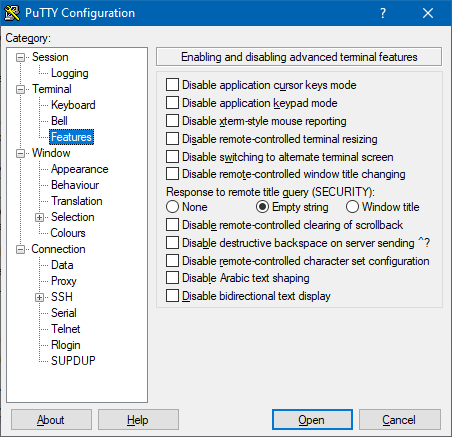 Panneau de configuration 'Features' de PuTTY 0.76