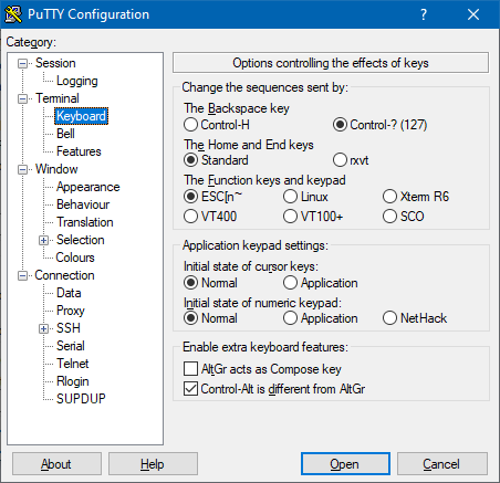 Panneau de configuration 'Keyboard' de PuTTY 0.76