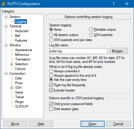 Panneau de configuration 'Logging' de PuTTY 0.76