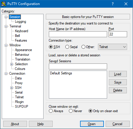 Panneau de configuration 'Session' de PuTTY 0.76