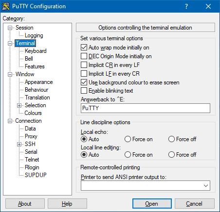Panneau de configuration 'Terminal' de PuTTY 0.76