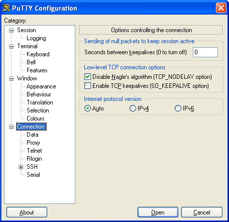 Le panneau "Connection" de la fenêtre de configuration de PuTTY