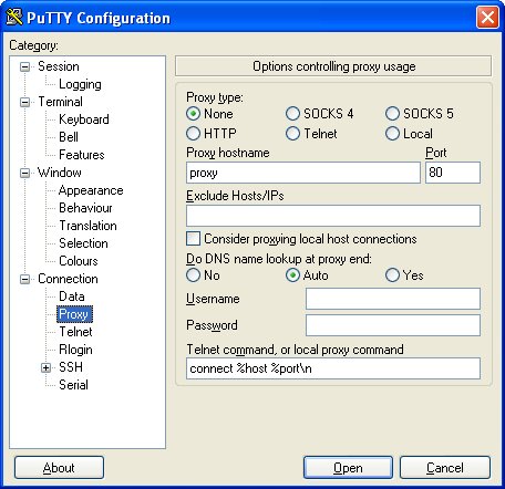 Le panneau "Proxy" de la fenêtre de configuration de PuTTY