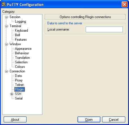 Le panneau "Rlogin" de la fenêtre de configuration de PuTTY