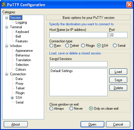 Le panneau "Session" de la fenêtre de configuration de PuTTY